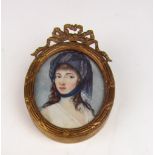 19th Century English School Miniature: Oval miniature on ivory, "Young Lady with blue scarf,