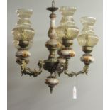 A suite of three Victorian style Ceiling Lights, the ormolu bodies with decorated porcelain parts,