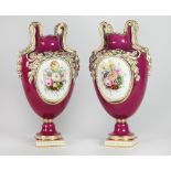 A very fine and elaborate pair of tall pink ground 19th Century English porcelain Vases,