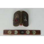 An unusual Continental brass bound leather Ladies Purse, with two inset oval miniature portraits,