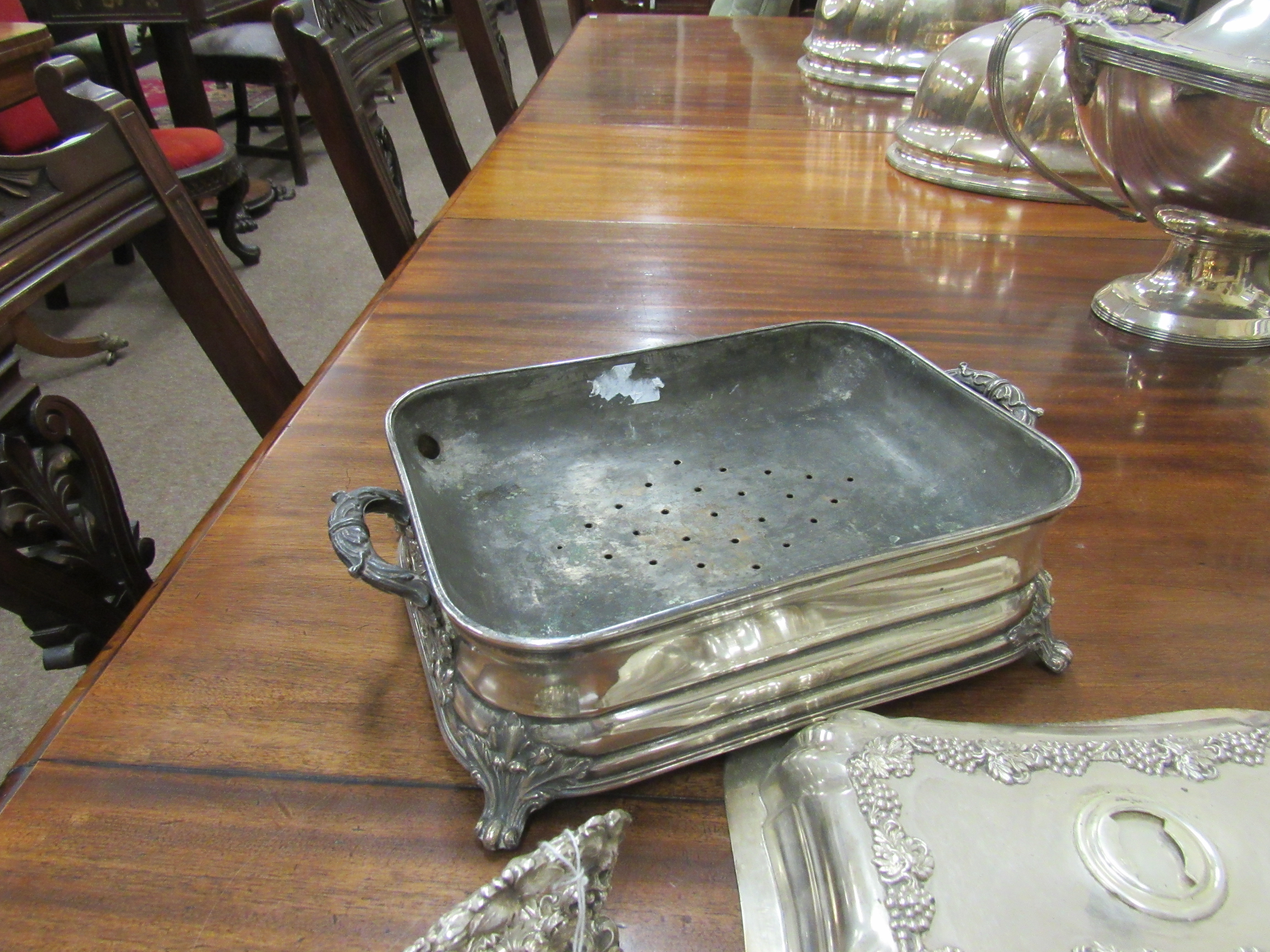 An extremely fine pair of unusual large silver plated Entree Dishes, Covers and Hot Water Stands, - Image 4 of 8