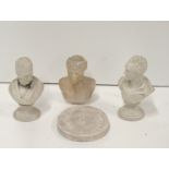 A small marble Bust, two others (one damg) and an oval plaster medallion Relief.