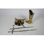 An unusual brass Umbrella Holder, modelled as a boot; together with two decorative Swords,
