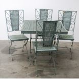 A modern metal Patio Suite, with pierced folding table and matching chairs.