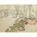 Mary Swanzy H.R.H.A. (1882 - 1978) "Market Scene," pencil and crayon, approx.
