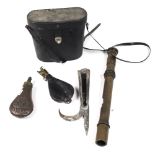 Military interest: A large leather cartridge carrying Case; a military Binoculars, in leather case,