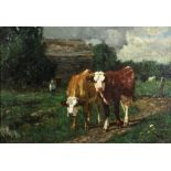 Edward Arden (British) 1847 - 1910 "Farm Scene with Cattle and Farmer standing in front of a Barn,