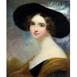 19th Century English School "Portrait of an Elegant Lady in feather hat and yellow shawl," approx.