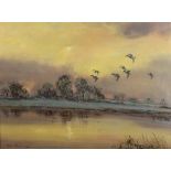 Peter Oliver, 1975 "Winter Lake Scene with Ducks in Flight," O.O.C.