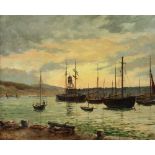 Late 19th Century English School "Harbour Scene with Shipping and with Figure in Sailboat in