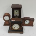 Four varied inlaid mahogany and oak cased Mantle Clocks.