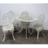 A suite of Victorian style Patio Furniture, to include small circular Table and four Chairs.