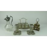 Plateware: A pair of Victorian moulded Bachelors Candlesticks, a plated Claret Jug,