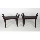 A pair of small Edwardian walnut Window Seats, with rounded brass handles and turned legs.