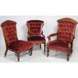 Three similar Victorian walnut Occasional Chairs, each with a button back, sprung seat,