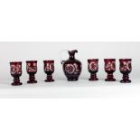 A set of 6 attractive etched Bohemian red glass goblet type Drinking Glasses,