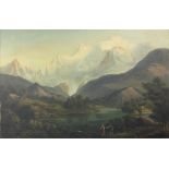 19th Century Continental School - Swiss "Extensive Mountainous Landscape with Figures by a Lake in