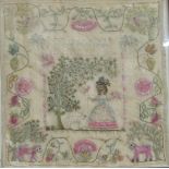 An early colourful 19th Century embroidered Sampler, decorated with fruits, flowers etc.