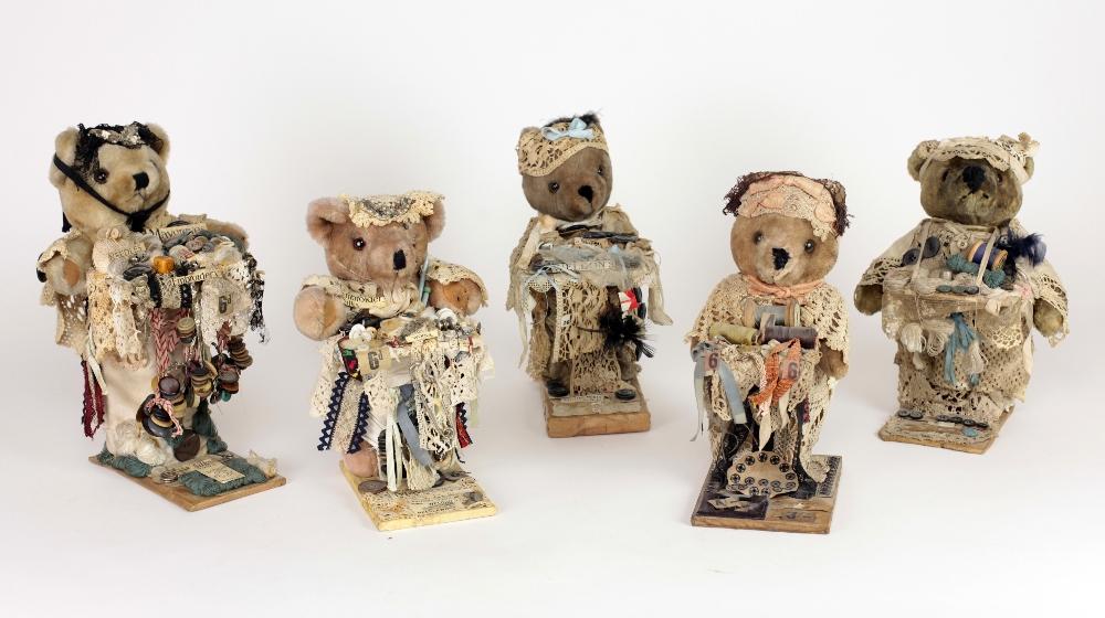 An unusual group of five attractive 20th Century Shop Display Teddy Bears, for a needlework shop,