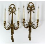 A pair of Adams style gilt bronze two branch Wall Lights, with Adams love knot and draped design,