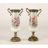 A small pair of attractive 19th Century porcelain and ormolu mounted two handled Vases,