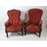 Two similar Victorian mahogany Armchairs, with carved arms and legs,