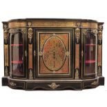 A 19th Century French red boulle Credenza, the shaped top over a brass inlaid decorated freize,