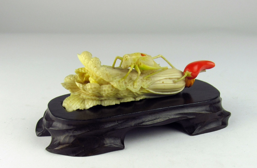 A very fine carved Meiji period Japanese ivory Okimono of a locust perched on a head of celery, - Image 2 of 8