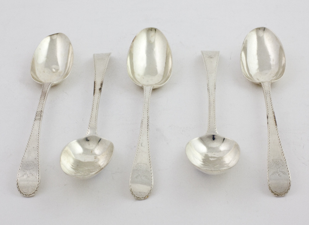 A rare set of 5 English silver bright-cut Table Spoons, London c. 1751, makers mark H.B.