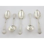 A rare set of 5 English silver bright-cut Table Spoons, London c. 1751, makers mark H.B.