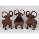 Three unusual very heavy carved wooden Seats, modelled as Figures of Goats, each approx.