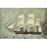 An impressive 19th Century woolen Picture, depicting a three masted steam ship,