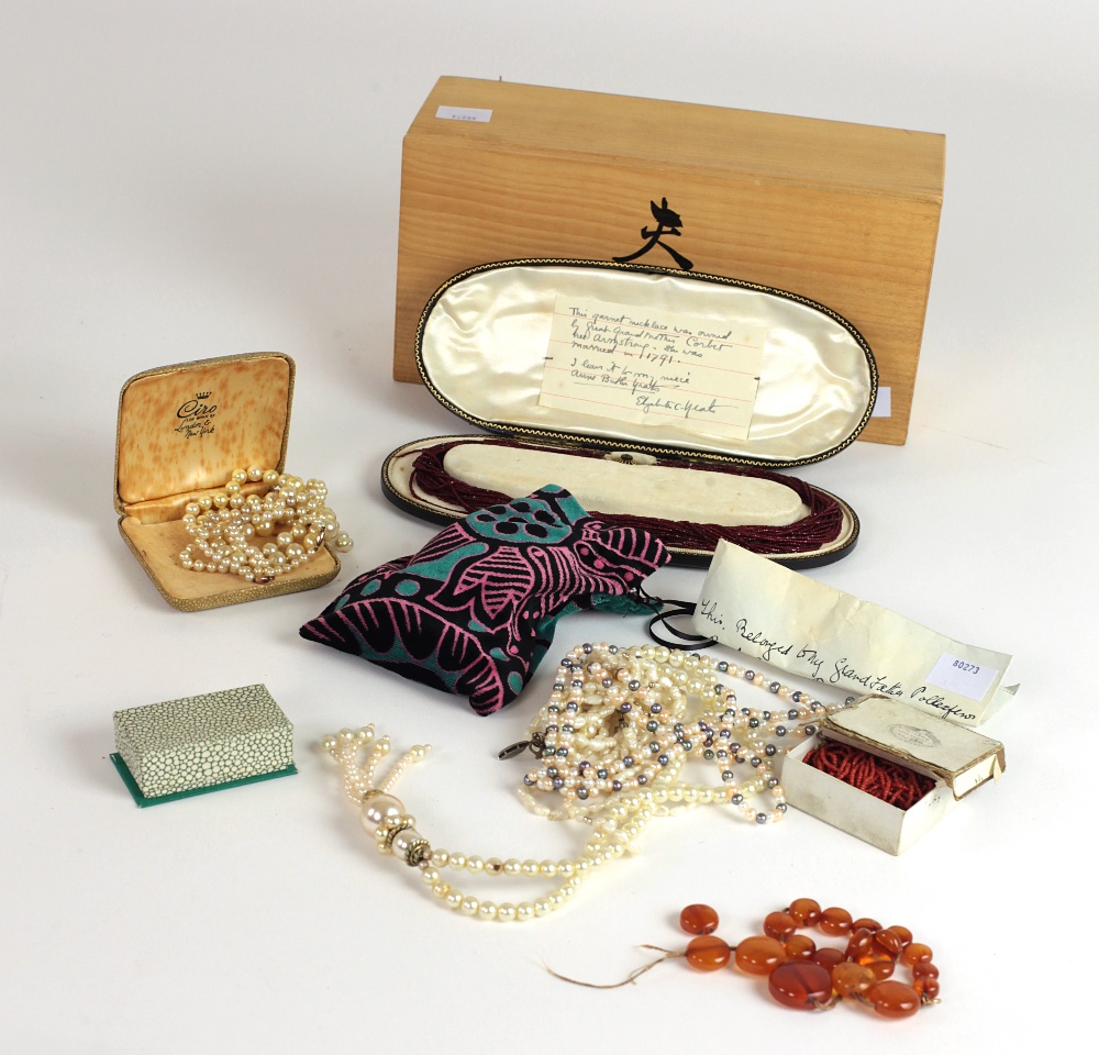 Jewellery: A box of varied antique pearl Necklaces, some coral ditto, a very good garnet Necklace,