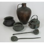 Middle Eastern Copper Utensils, including a large pear shaped copper Pail with single handle,