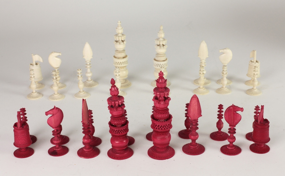 A very fine 19th Century carved, pierced and engraved Chinese ivory Chess Set, probably Cantonese,