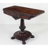 A William IV rosewood fold-over Card Table, the moulded top with carved decorated rim,