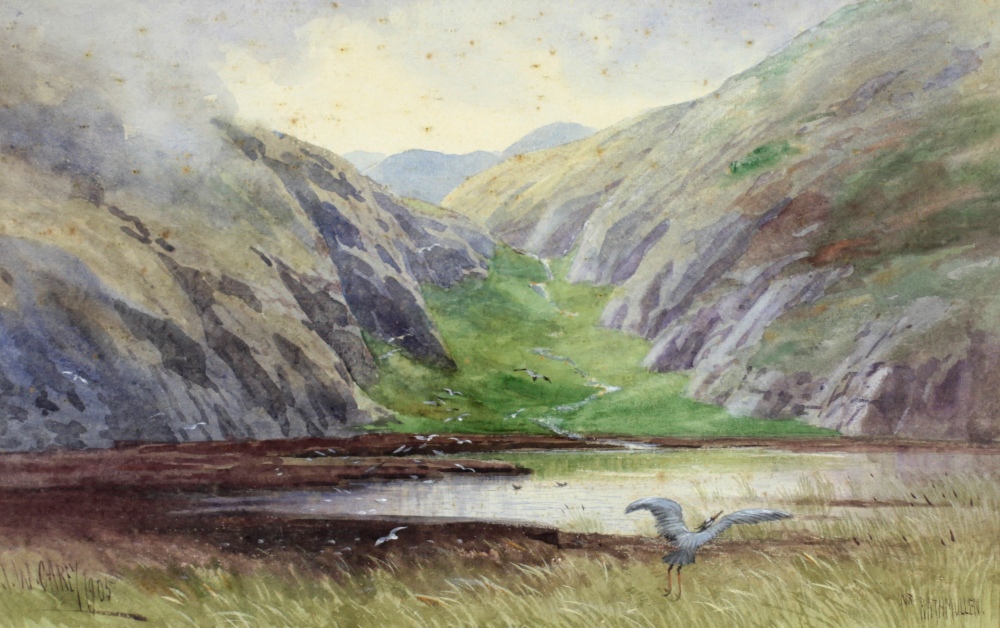 J.W. Carey, R.U.A. (1859 - 1937) "Near Rathmullen," Highland Scene, Co. Donegal with birds etc.