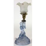 A 19th Century Lalique type blue glass Candlestick, modelled as a nude female figure on rocks,