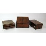 An Edwardian oak slope front Stationery Box; a 19th Century brass bound Lap Desk;