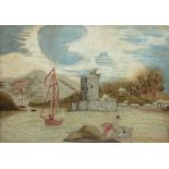 An attractive 19th Century wool and silk Picture, depicting a Coastal Scene with castle, boats,