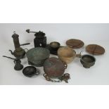 Middle Eastern Utensils etc: An old Coffee Grinder, an old metal hanging Scales, teapots, copper,