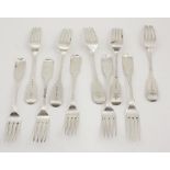 A set of 10 almost matching antique Irish & English silver Tea Forks, each with matching crest,