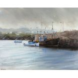 Pat Cowley - 21st Century Irish "The Days Catch," fishing boats docking at harbour, O.O.C., approx.