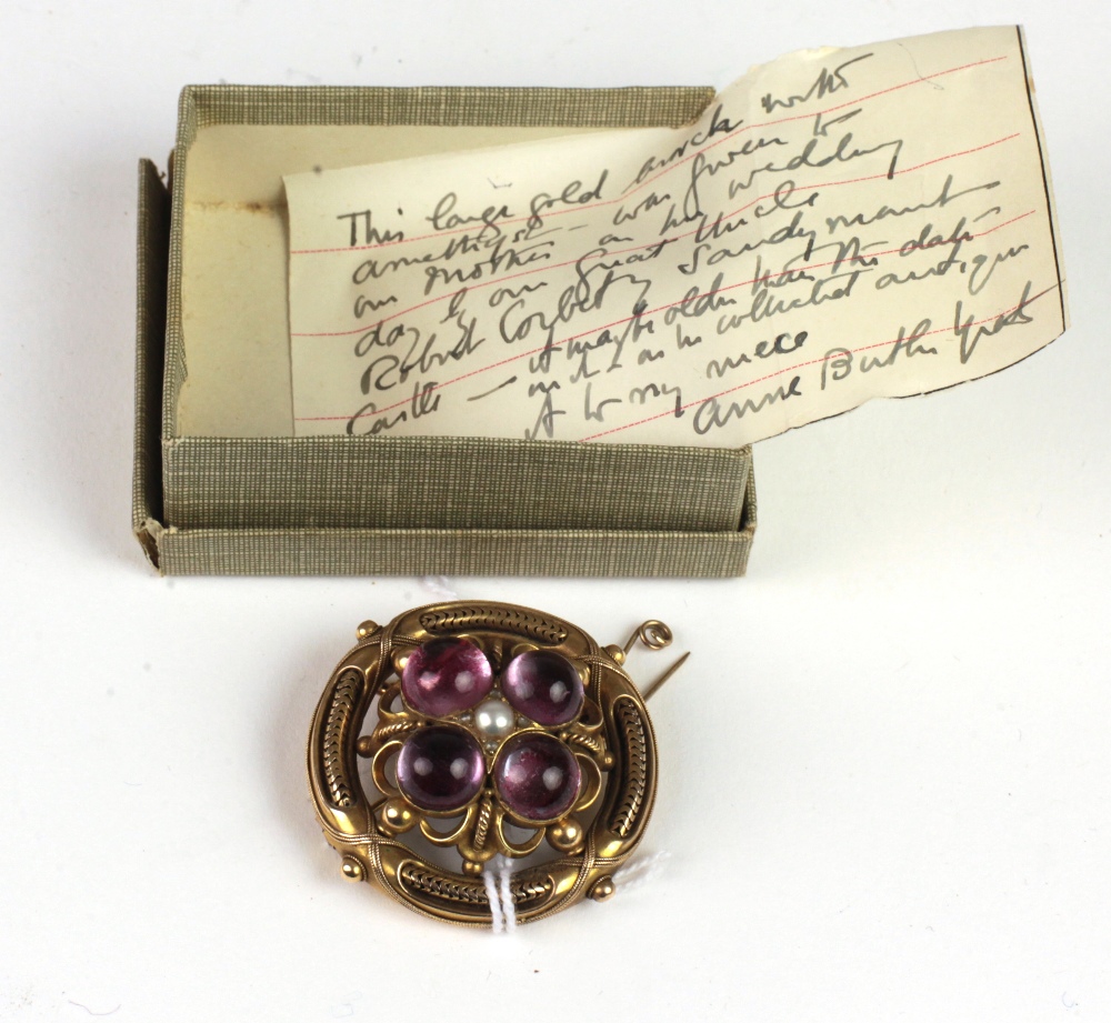 An attractive large Victorian gold Brooch with four amethyst stones and small pearl,