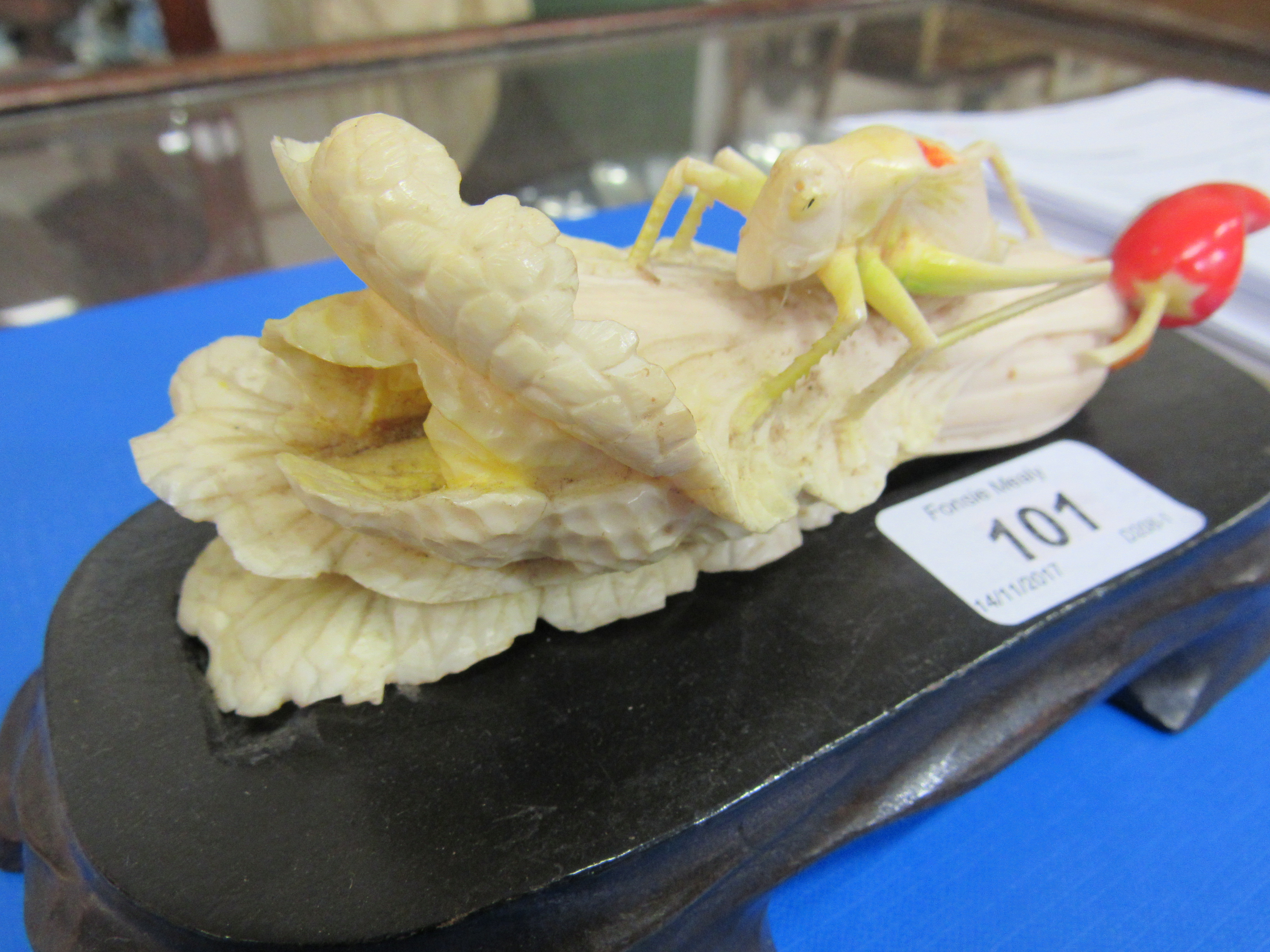 A very fine carved Meiji period Japanese ivory Okimono of a locust perched on a head of celery, - Image 4 of 8