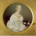 19th Century English School Miniature: A circular Profile Painting on ivory of a Lady in white