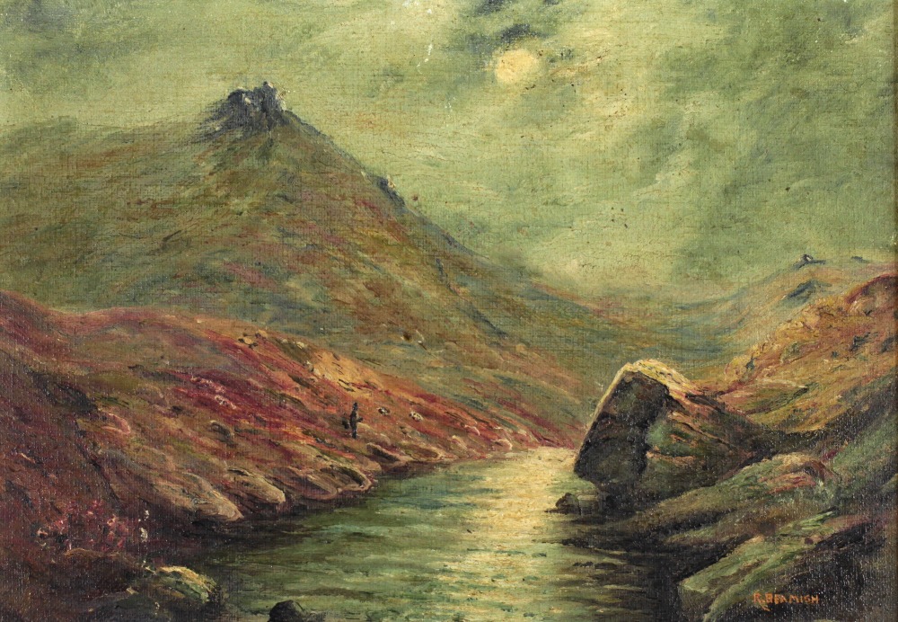 R. Beamish - 20th Century Scottish School "A Moonlit Mountain River Scene with Birds," O.O.C.