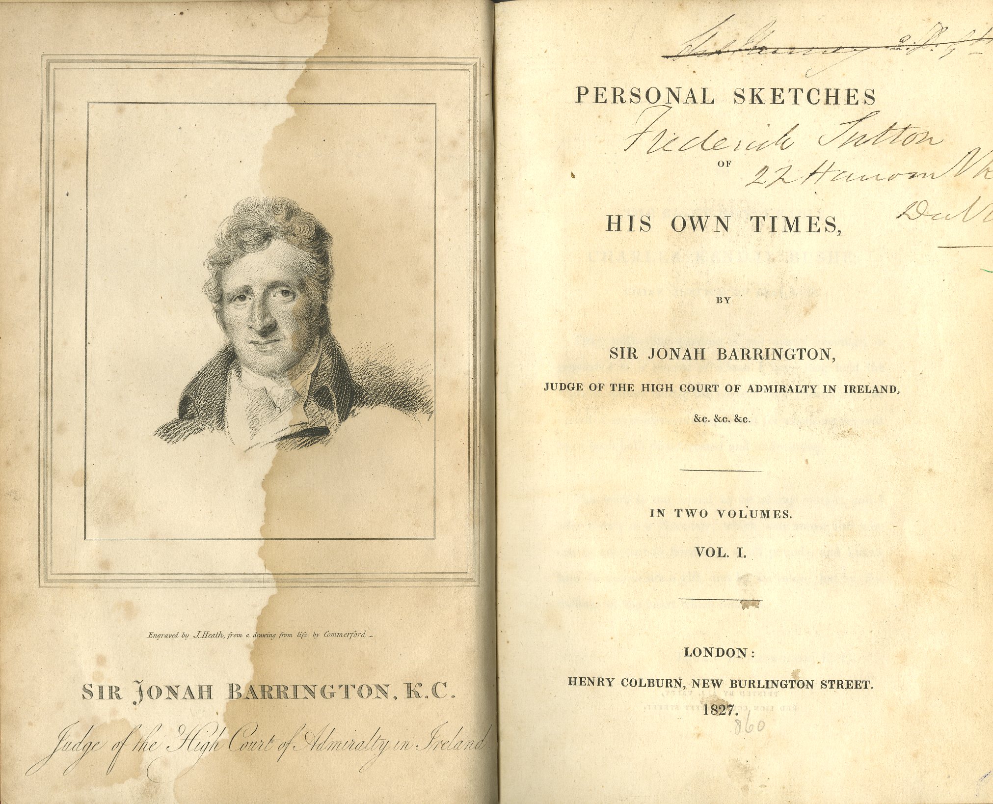 Barrington (Sir Jonah) Personal Sketches of His Own Time, 2 vols. L. 1827. Port. frontis Vol.