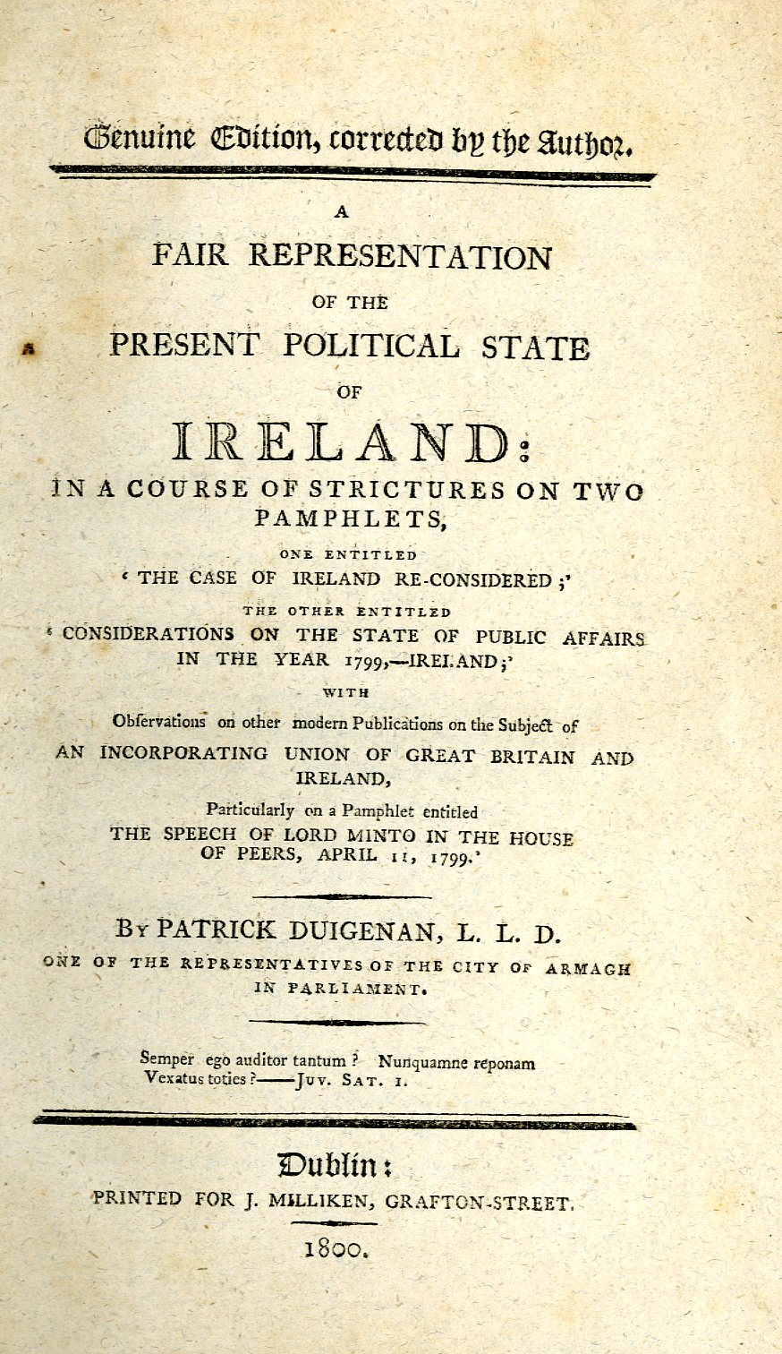 Duigenan (Patrick) A Fair Representation of the Present Political State of Ireland, 8vo D. 1800.