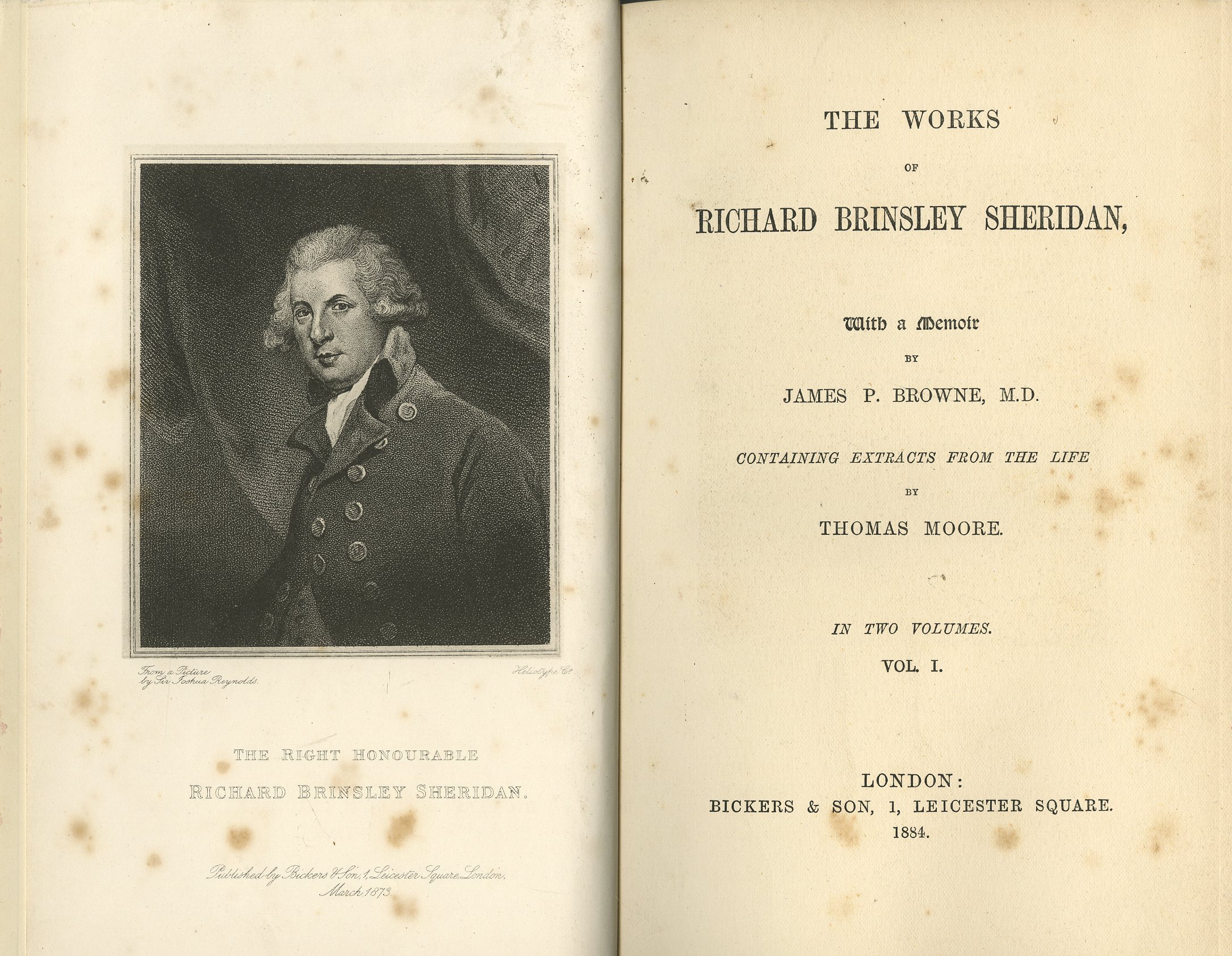 Sheridan (R.B.) The Works of Richard Brinsley Sheridan, with a Memoir by J.P. Brown. ..